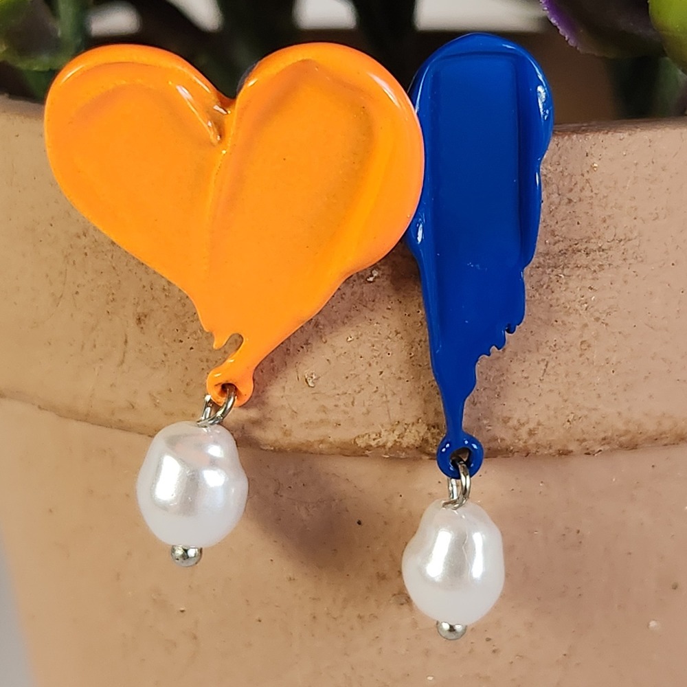 Mismatched Enamel Heart & Blue Stroke Earrings with Faux Pearl Drops 1.5"